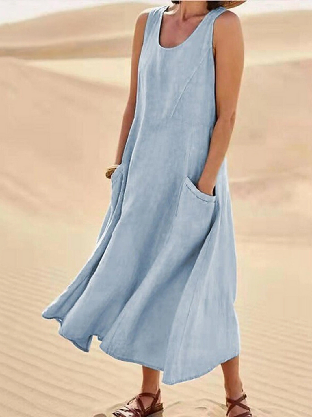 Sienna – Women’s Sleeveless Sundress Elegant Round Neck Solid Long Tank Casual Spring Dress